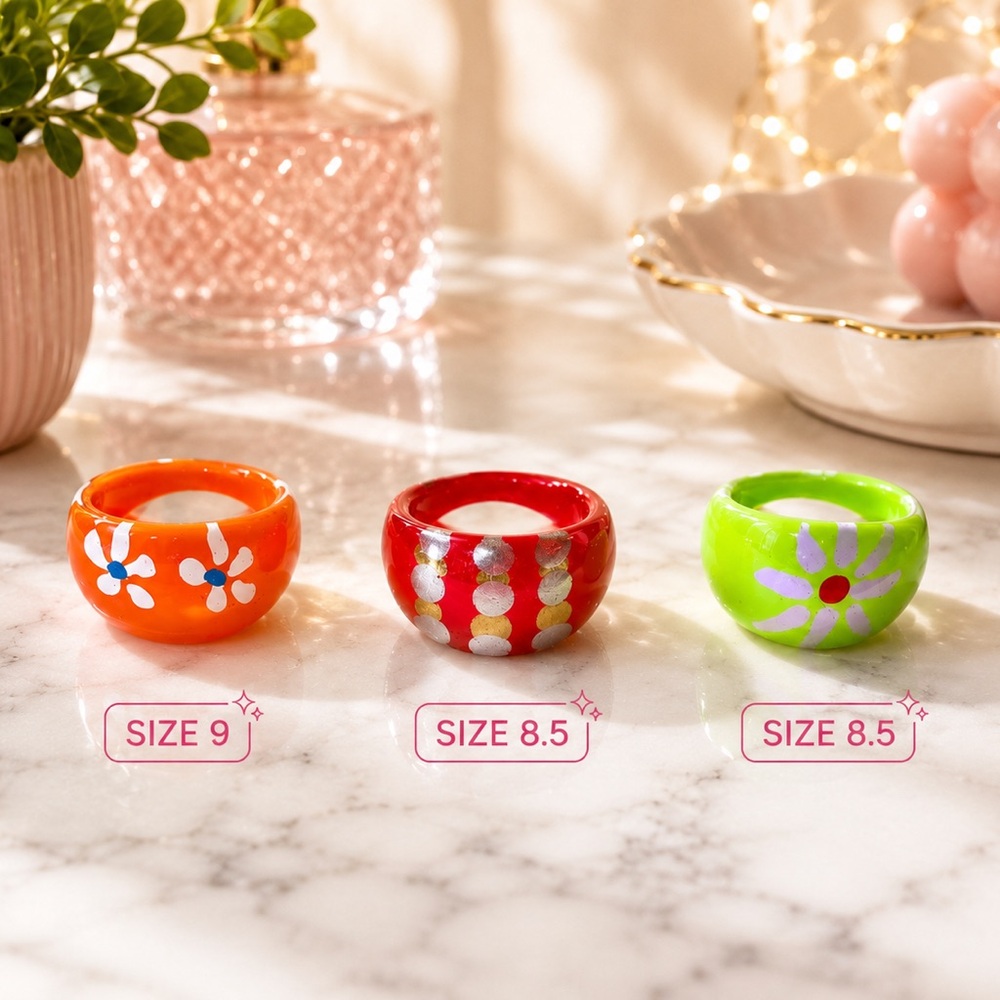 Colorful Chunky Resin Ring Bundle – size 9,8.5,8.5 NEW
